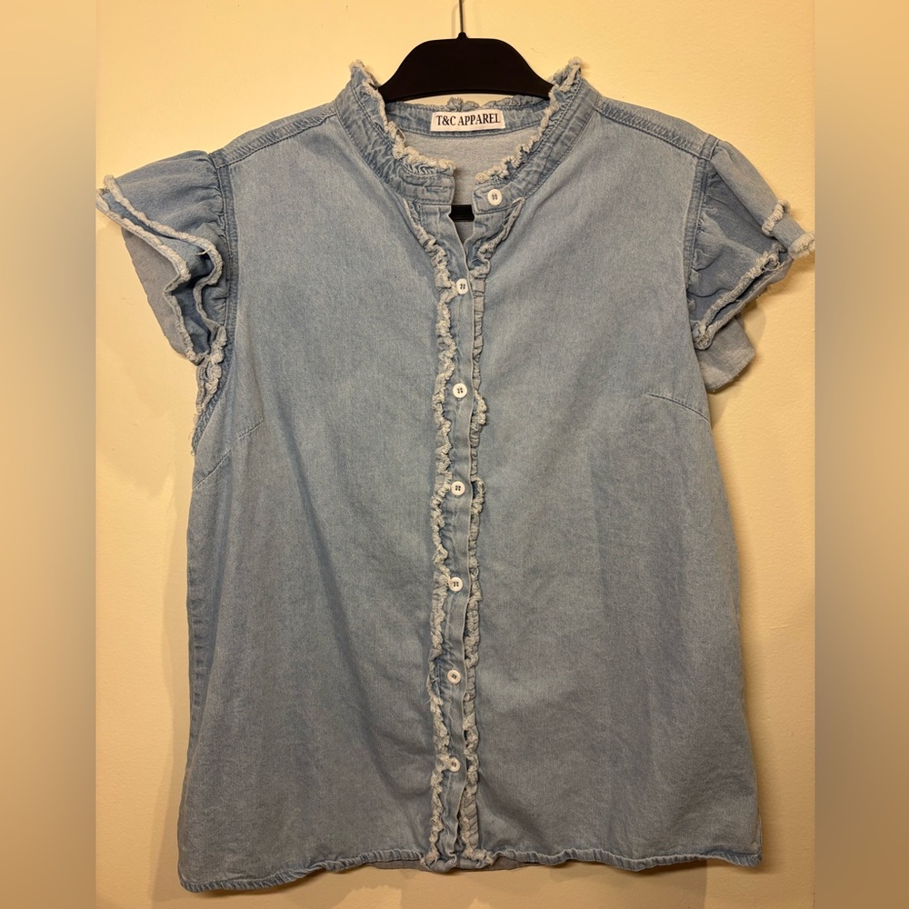 Washed Ruffle Trim Flutter Sleeve Blouse